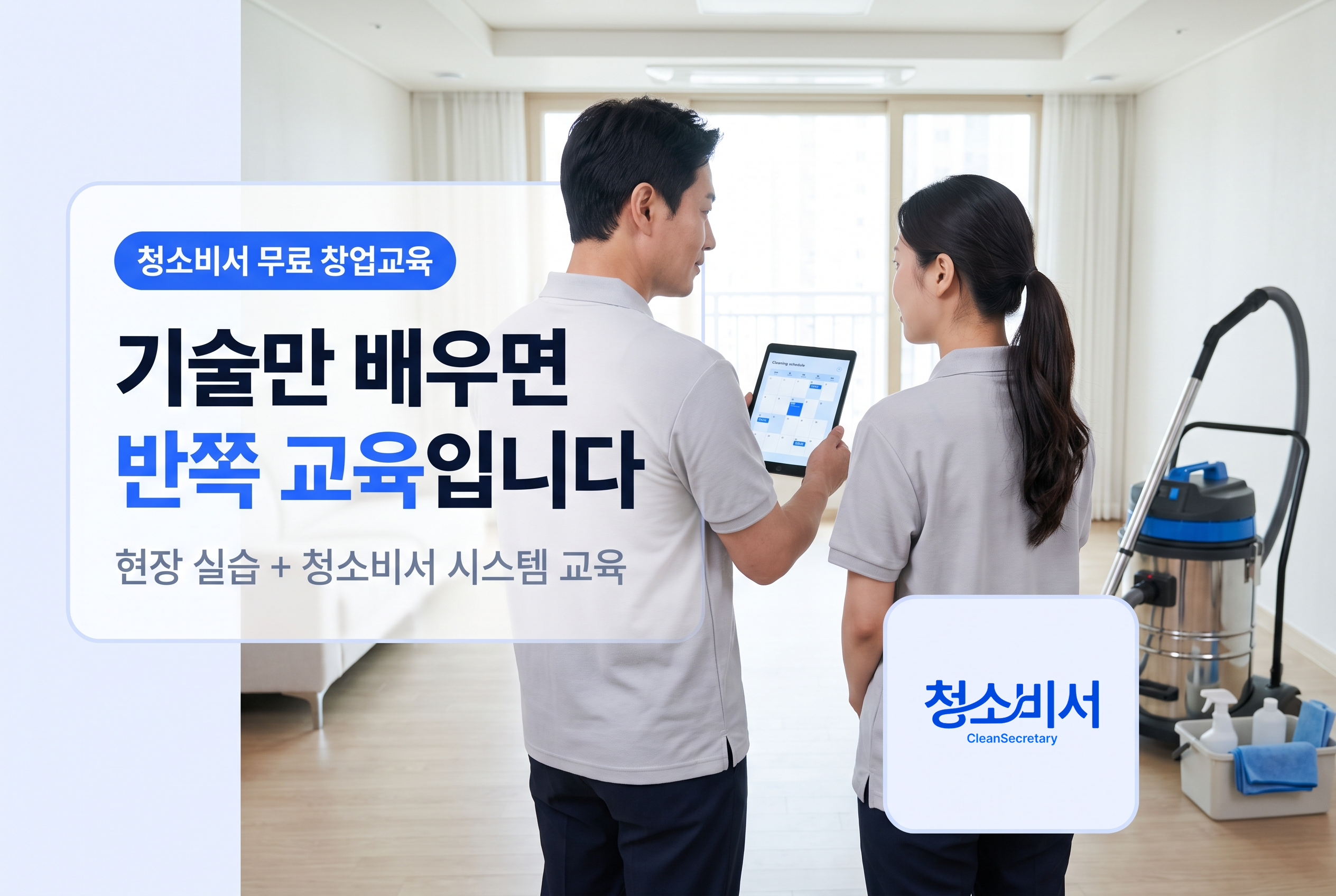 청소비서 무료 창업교육 — 현장 실습과 시스템 교육을 함께 진행하는 실장님과 창업자