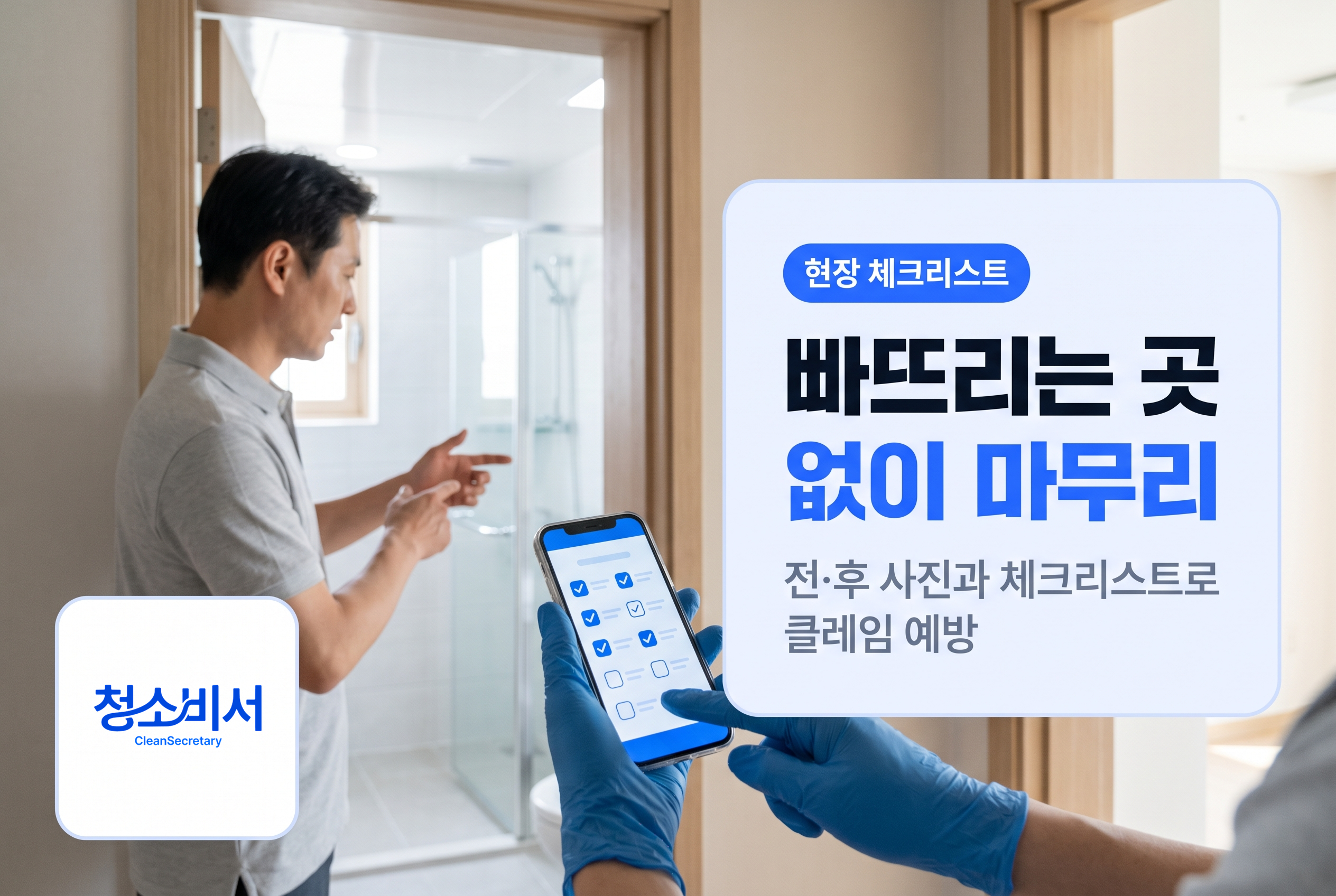 현장에서 청소비서 체크리스트 앱을 확인하는 창업자와 설명하는 실장님