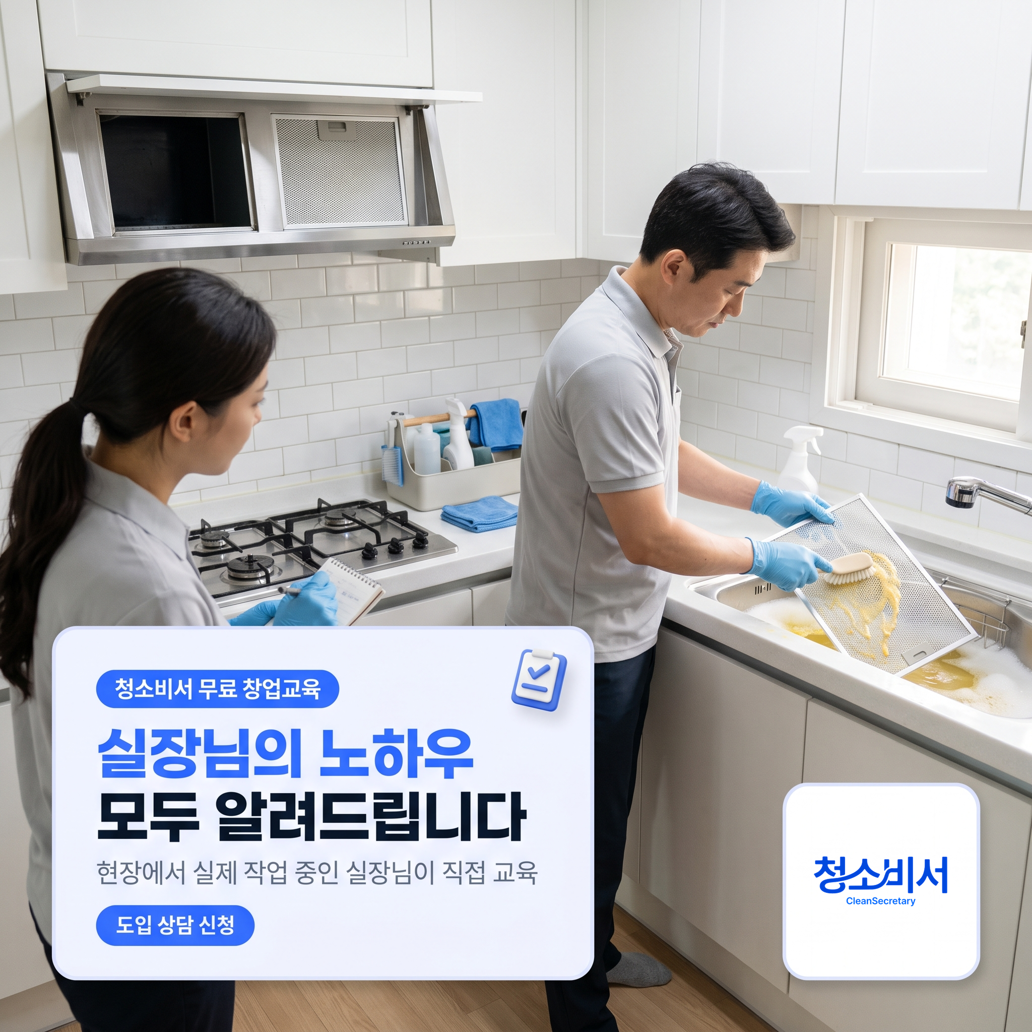 실장님이 후드 필터를 세제로 세척하는 노하우를 창업자에게 알려주는 장면